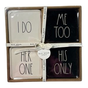 Rae Dunn Set of 4 "I DO" "ME TOO" "HER ONE" "HIS ONLY" Ceramic Coaster Set